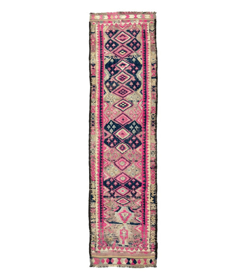 Turkish Runner Rug 3x10, Pink and Navy Blue, Bohemian Runner for Hallway or Kitchen, Vintage, Geometric, Tribal