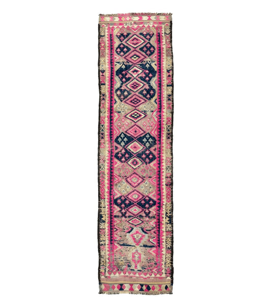 Turkish Runner Rug 3x10, Pink and Navy Blue, Bohemian Runner for Hallway or Kitchen, Vintage, Geometric, Tribal
