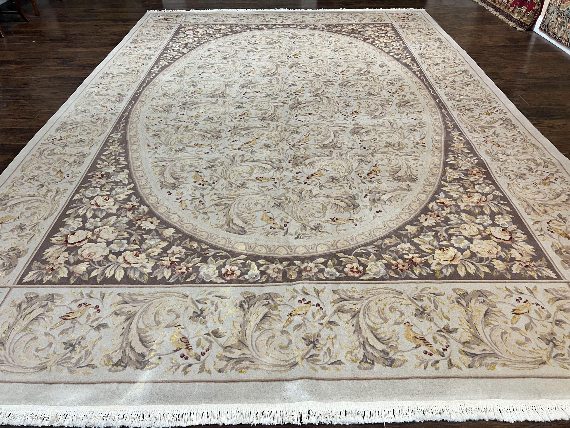 Aubusson Rug 10x14, Wool & Silk Highlights Hand Knotted Vintage Carpet, Birds Flowers, Fine Details, Elegant - Nuvé