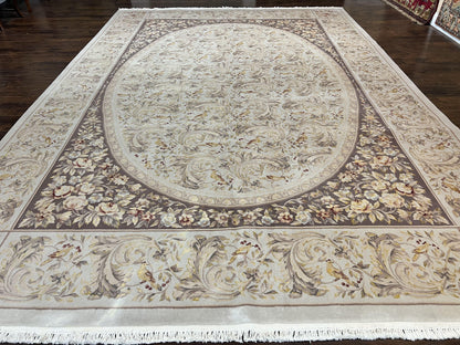 Aubusson Rug 10x14, Wool & Silk Highlights Hand Knotted Vintage Carpet, Birds Flowers, Fine Details, Elegant - Nuvé