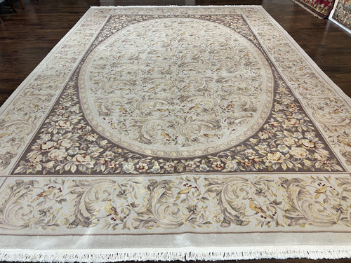 Aubusson Rug 10x14, Wool & Silk Highlights Hand Knotted Vintage Carpet, Birds Flowers, Fine Details, Elegant - Nuvé