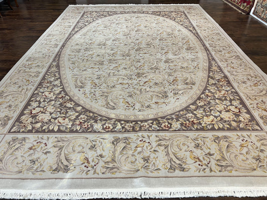 Aubusson Rug 10x14, Wool & Silk Highlights Hand Knotted Vintage Carpet, Birds Flowers, Fine Details, Elegant - Nuvé