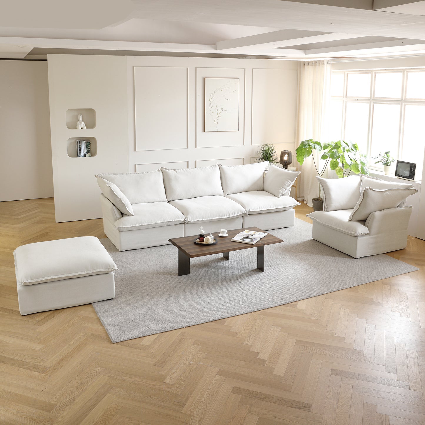 Sabi Modular Boucle Cloud Sofa - Snow White - 4-Seater Sectional Sofa with Ottoman - Nuvé