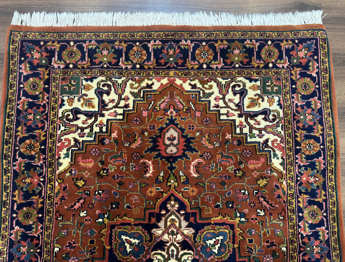 Indo Persian Heriz Rug 4x6, Rust Red Navy Blue and Cream - Nuvé
