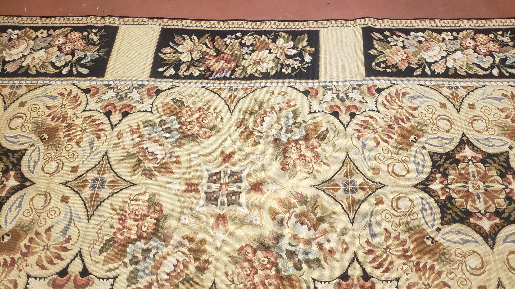 Needlepoint Rug 8x10ft Allover European Design Flowers 100% Wool Hand Knotted Aubusson Area Rug Brand New Flatweave Needle Point Carpet Chic - Nuvé