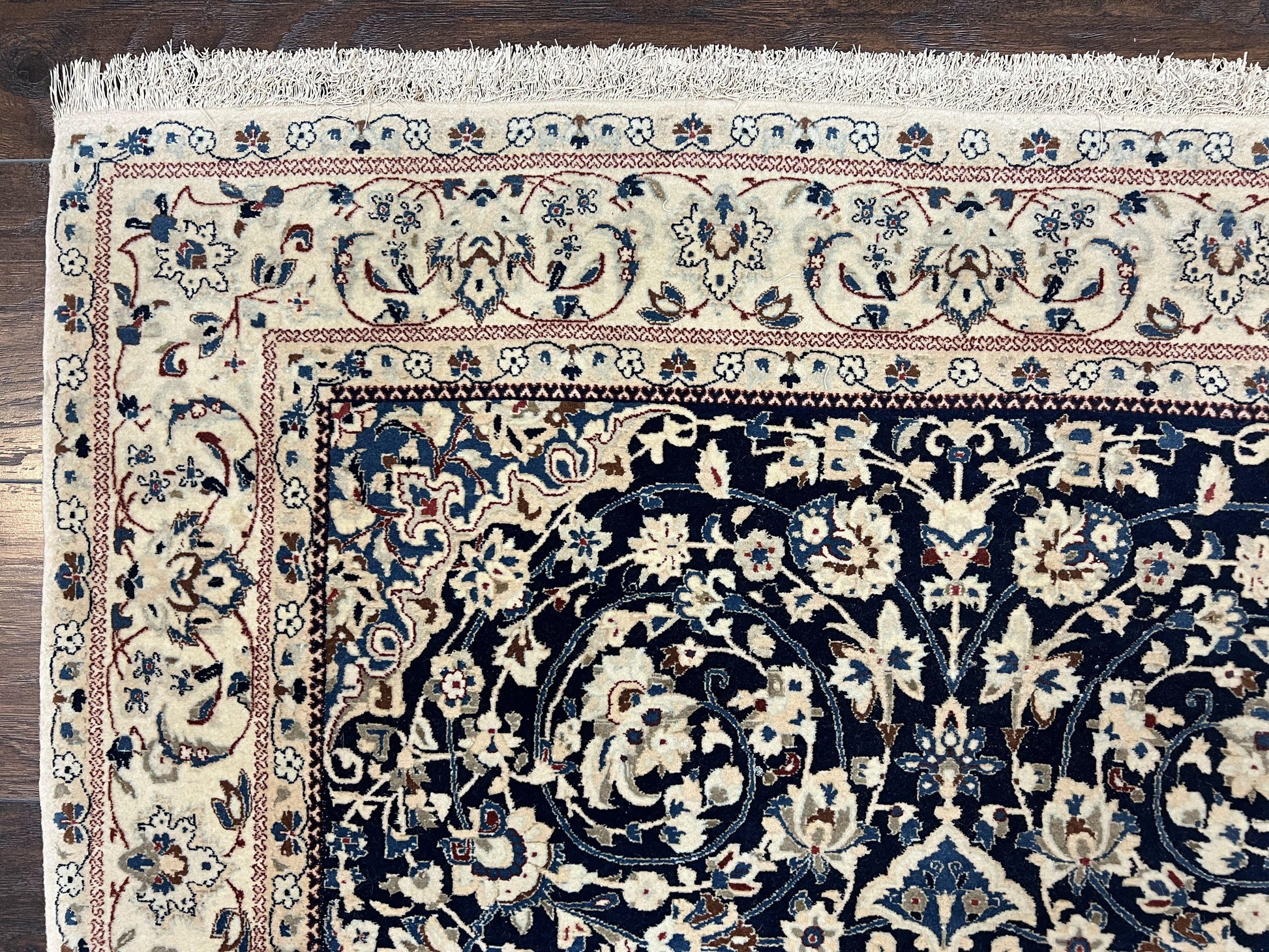 Very Fine Persian Nain Rug 3.7 x 6, Floral Medallion, Wool and Silk Accents, Highly Detailed, Hand Knotted Oriental Carpet, Navy Blue Ivory/Cream - Nuvé