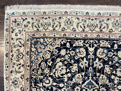 Very Fine Persian Nain Rug 3.7 x 6, Floral Medallion, Wool and Silk Accents, Highly Detailed, Hand Knotted Oriental Carpet, Navy Blue Ivory/Cream - Nuvé