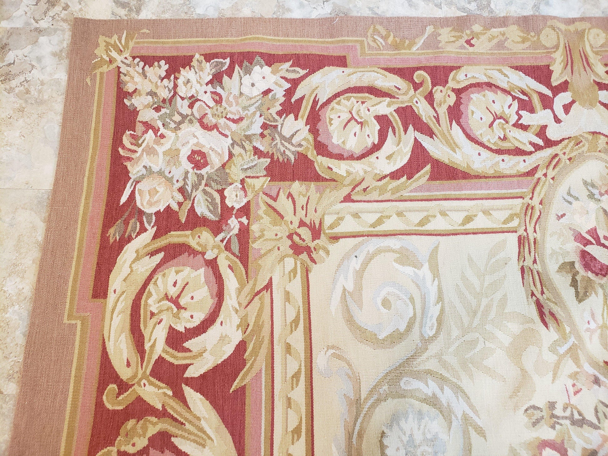 Aubusson Rug 6x9, Elegant Flatweave Rug, Aubusson Savonnerie 6 x 9 Flatweave Area Rug, Cream and Red, Wool Hand Woven Carpet, Medium Size - Nuvé