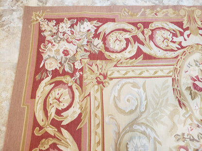 Aubusson Rug 6x9, Elegant Flatweave Rug, Aubusson Savonnerie 6 x 9 Flatweave Area Rug, Cream and Red, Wool Hand Woven Carpet, Medium Size - Nuvé