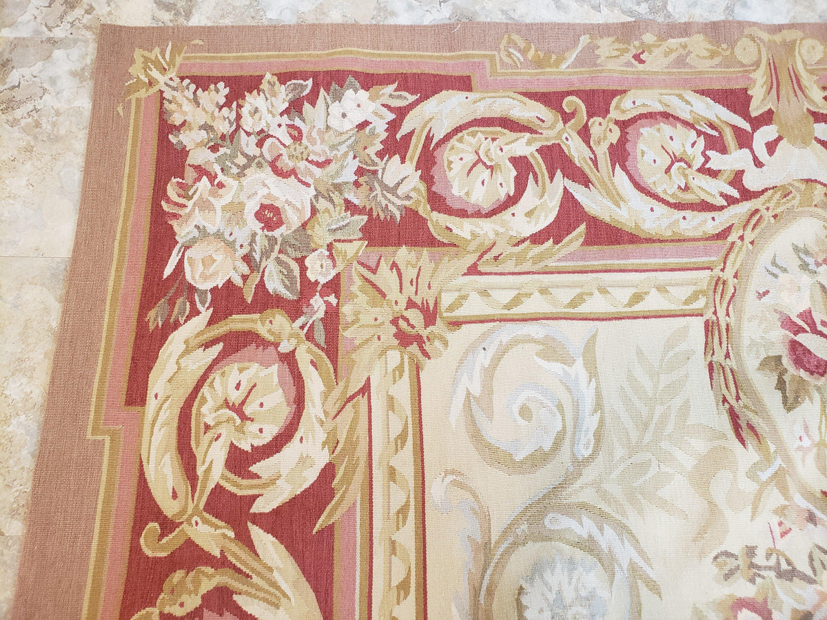 Aubusson Rug 6x9, Elegant Flatweave Rug, Aubusson Savonnerie 6 x 9 Flatweave Area Rug, Cream and Red, Wool Hand Woven Carpet, Medium Size