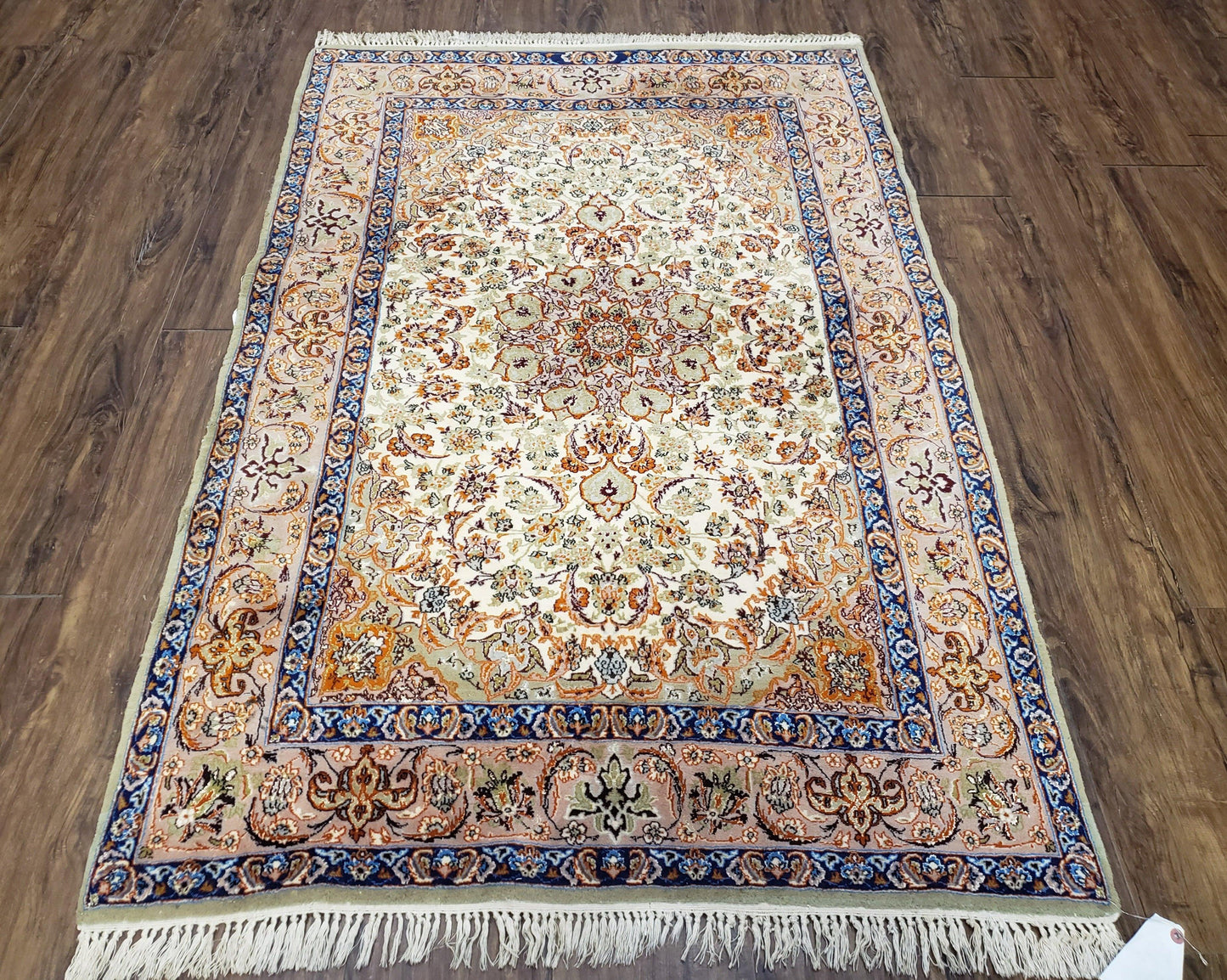 Vintage Persian Isfahan Lachak Toranj Rug, Highly Detailed, Kork Wool on Silk Foundation, Beige and Dark Blue, Hand-Knotted, 3'6" x 5' 4" - Nuvé