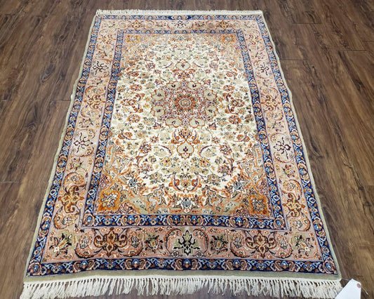 Vintage Persian Isfahan Lachak Toranj Rug, Highly Detailed, Kork Wool on Silk Foundation, Beige and Dark Blue, Hand-Knotted, 3'6" x 5' 4" - Nuvé