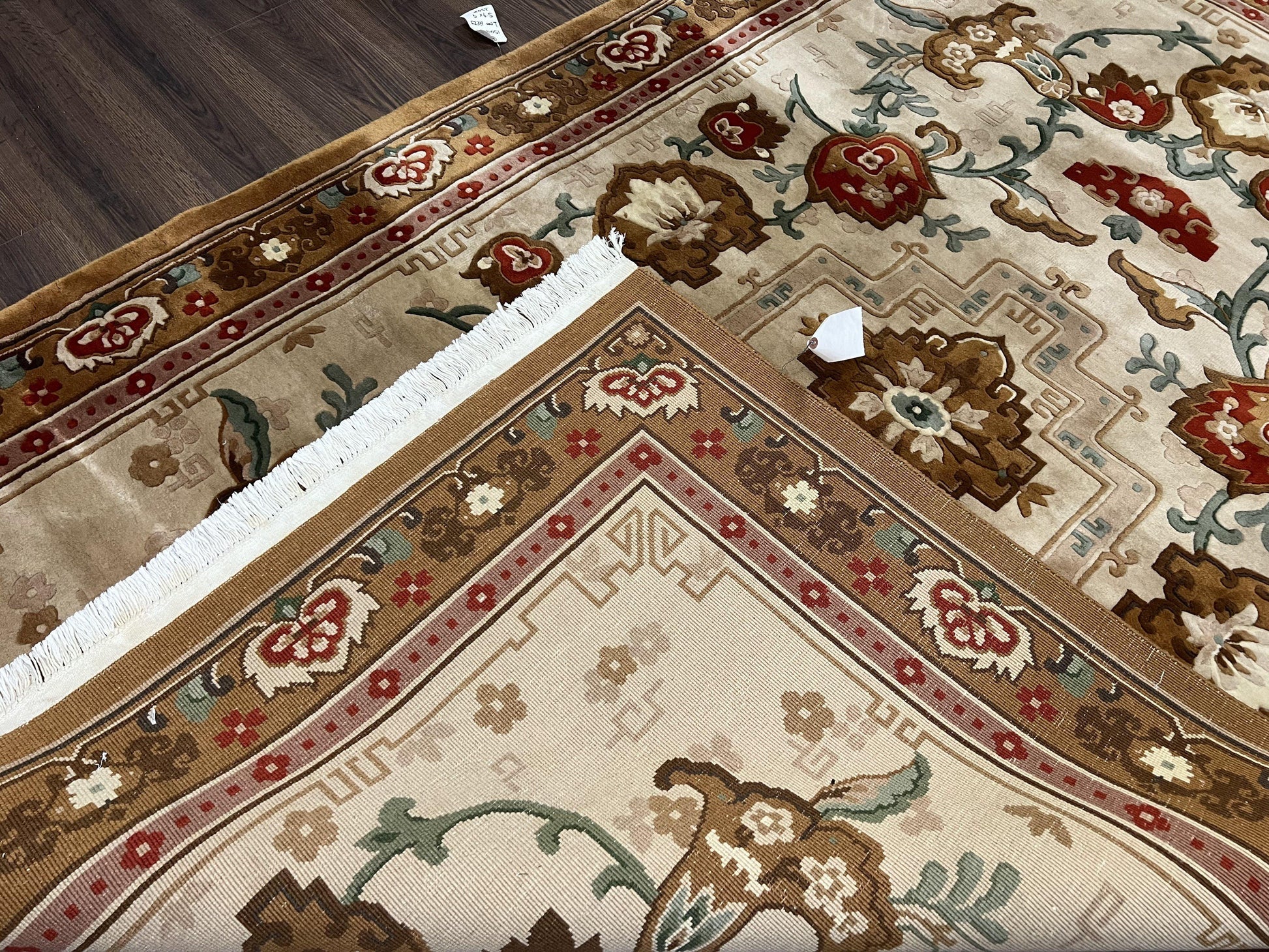 Chinese Wool Rug 5.9 x 9, Tan and Brown Asian Art Deco Carpet, Vintage 1960s Oriental Rug, Hand-Knotted Rug, Soft Wool, Medallion, Pair B - Nuvé