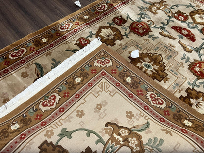 Chinese Wool Rug 5.9 x 9, Tan and Brown Asian Art Deco Carpet, Vintage 1960s Oriental Rug, Hand-Knotted Rug, Soft Wool, Medallion, Pair B - Nuvé