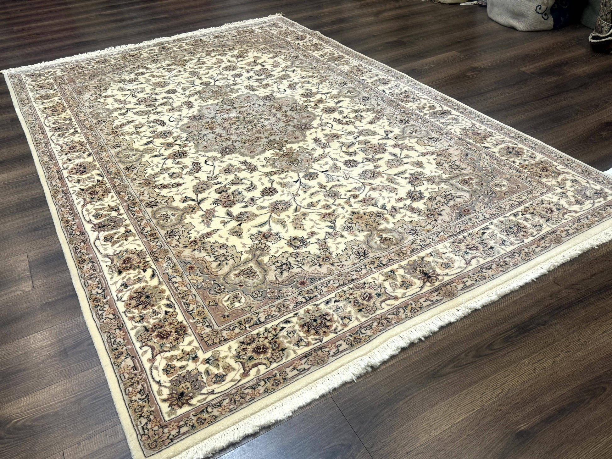 Sino Persian Rug 6x9, Floral Medallion, Ivory & Taupe, Wool with Silk Highlights, Fine 210 KPSI - Nuvé