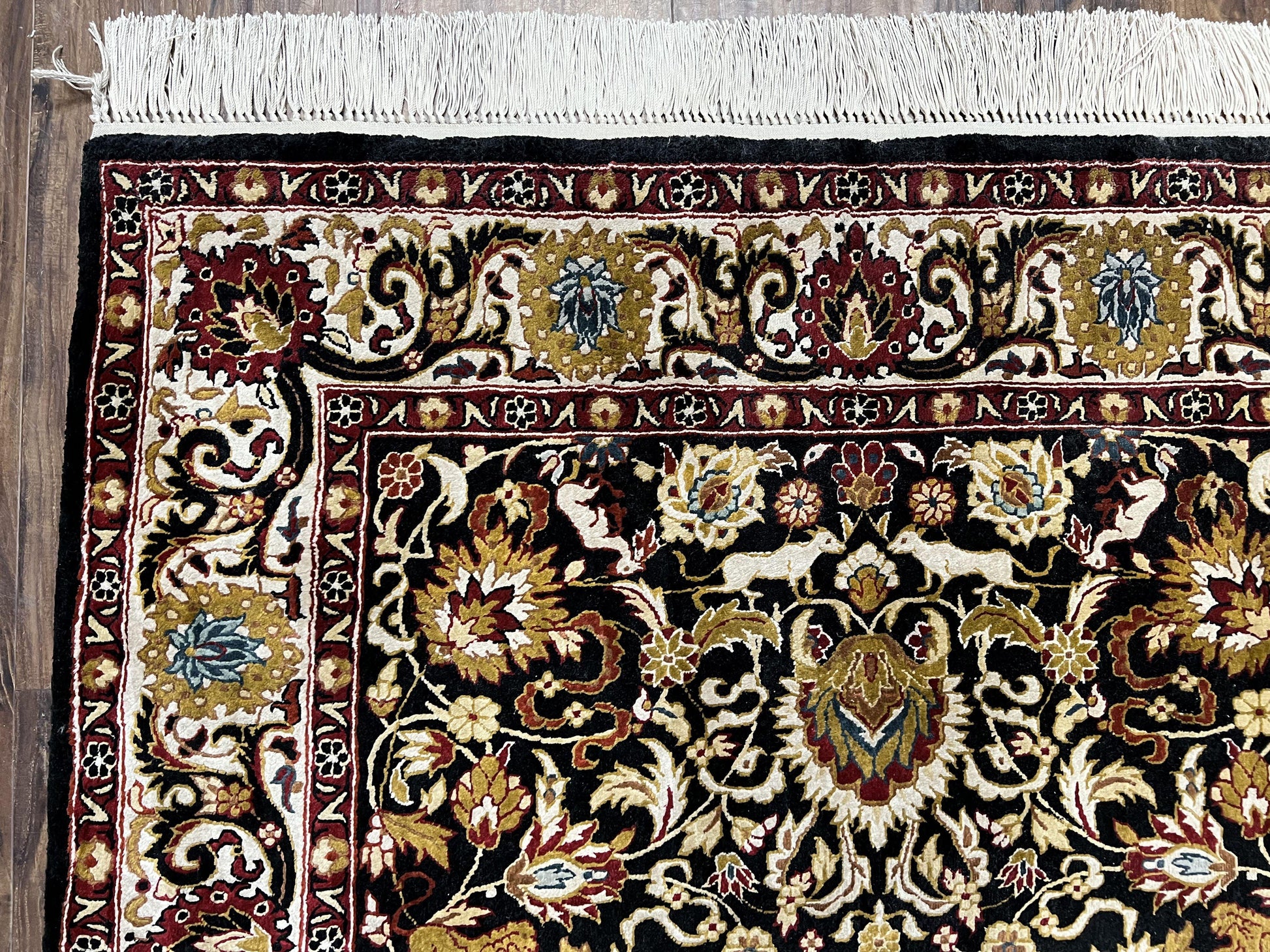 Sino Persian Silk Rug 3x5 Oriental Carpet 3 x 5 Fine Silk Rug, Black Ivory Gold, Animal Motifs, Flowers, High Quality, Vintage Silk Rug Wow - Nuvé