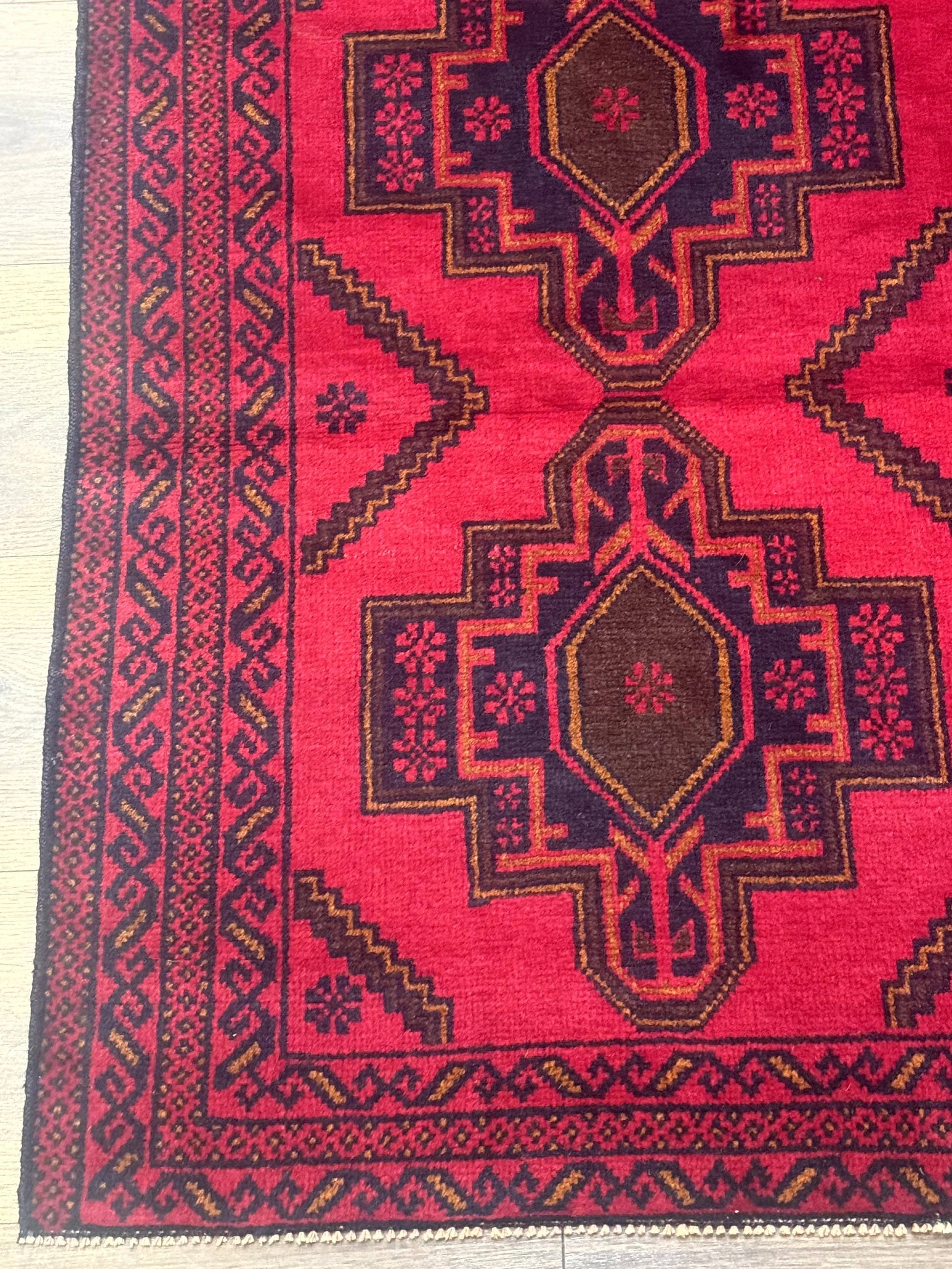 Afghan Rug 4x7, Tribal Carpet, Balouch Rug, Red and Navy Blue, Repeated Medallions, New - Nuvé