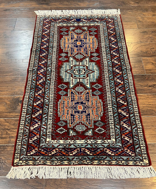 Pakistani Rug 3x5 ft, Caucasian Kazak Design, Geometric Rug, Small Vintage Oriental Carpet, Dark Red Vintage Handmade Wool Rug 3 x 5 - Nuvé