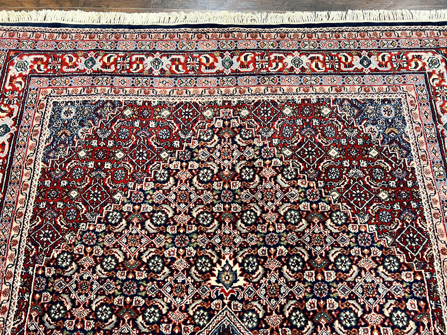 Indo Persian Rug 7x10, Dark Blue and Red Hand Knotted Wool Vintage Oriental Carpet 7 x 10 ft, Handmade Bidjar Rug, Herati Pattern Indian Rug - Nuvé