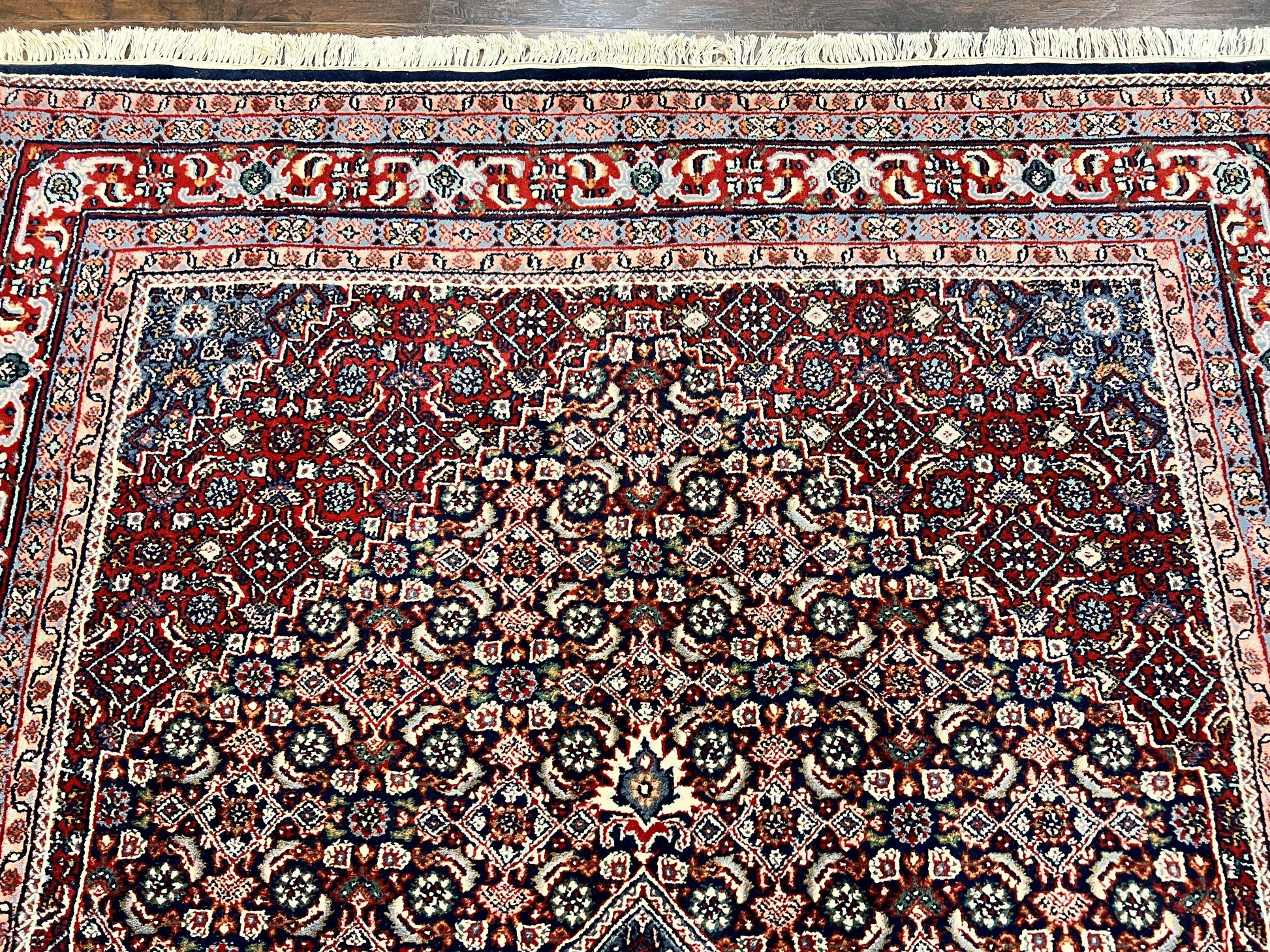 Indo Persian Rug 7x10, Dark Blue and Red Hand Knotted Wool Vintage Oriental Carpet 7 x 10 ft, Handmade Bidjar Rug, Herati Pattern Indian Rug - Nuvé