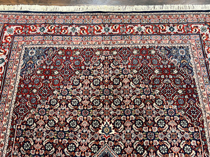 Indo Persian Rug 7x10, Dark Blue and Red Hand Knotted Wool Vintage Oriental Carpet 7 x 10 ft, Handmade Bidjar Rug, Herati Pattern Indian Rug - Nuvé