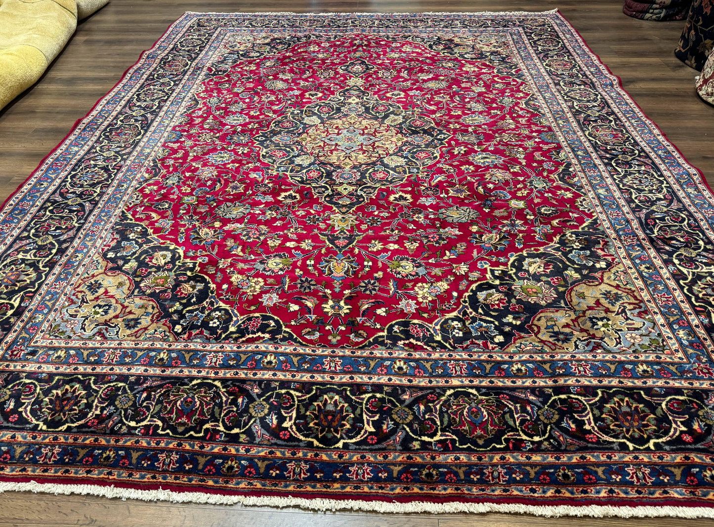 Traditional Persian Rug 8x11, Red Navy Blue, Floral Medallion, Antique Persian Mashad Carpet, Wool - Nuvé