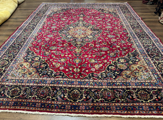 Traditional Persian Rug 8x11, Red Navy Blue, Floral Medallion, Antique Persian Mashad Carpet, Wool - Nuvé