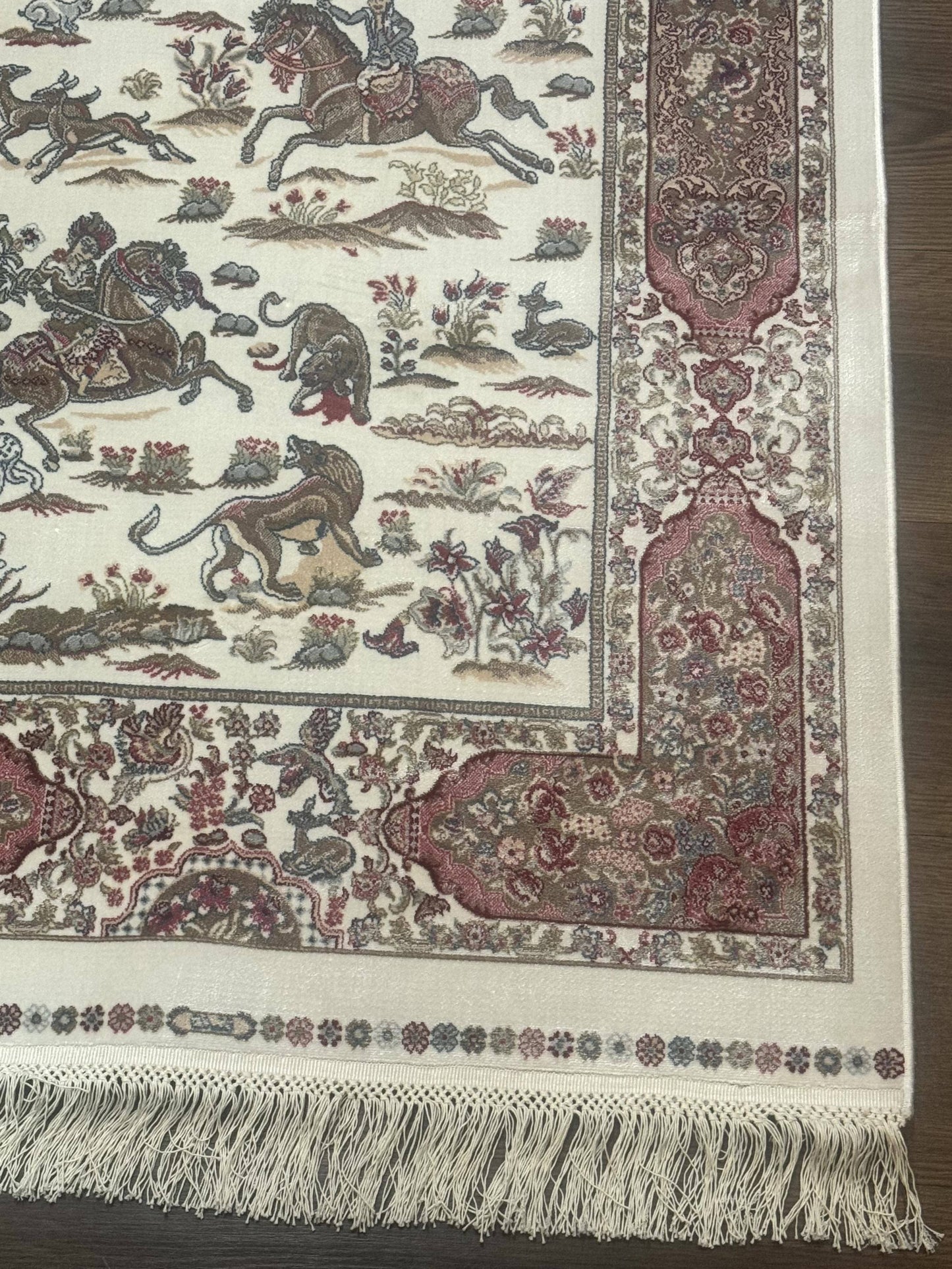 Turkish Silk Runner Rug 2.6 x 8, Hunting Design, Ivory, Bamboo Silk, New - Nuvé