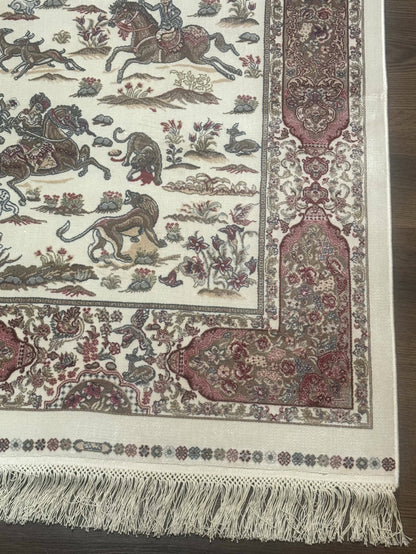 Turkish Silk Runner Rug 2.6 x 8, Hunting Design, Ivory, Bamboo Silk, New - Nuvé