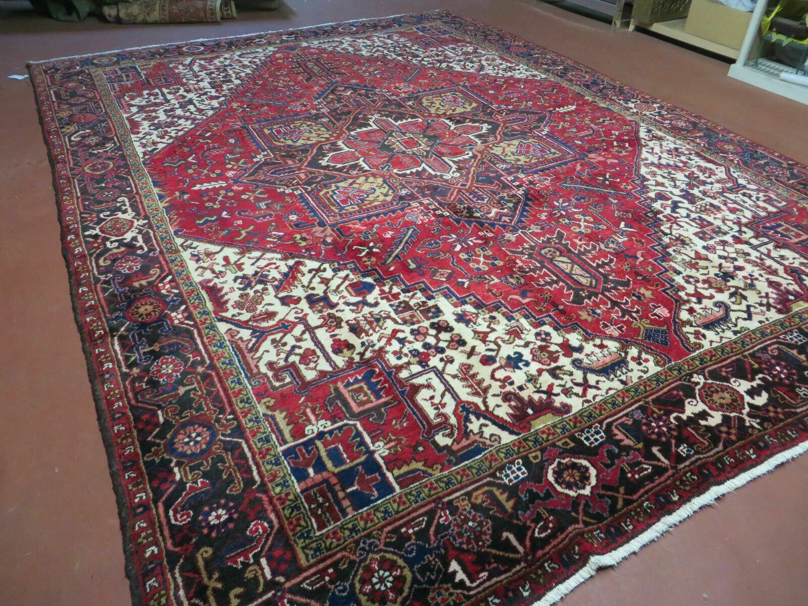 Wonderful Persian Heriz Rug 8.6 x 11, Geometric Heriz Carpet, Semi Antique Decorative Area Rug, Red Ivory Dark Blue Handmade Wool Room Sized - Nuvé