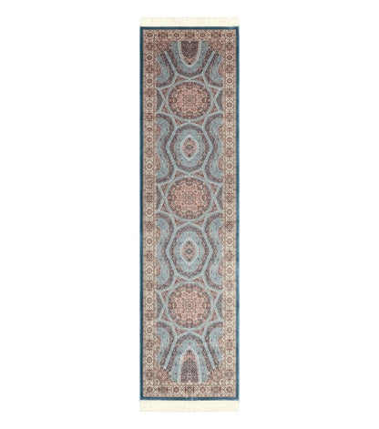 Turkish Silk Runner Rug 2.6 x 10, Light Blue Carpet, Bamboo Silk, New