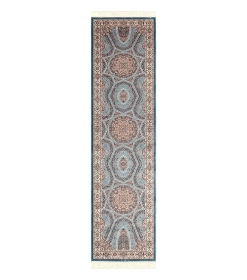 Turkish Silk Runner Rug 2.6 x 10, Light Blue Carpet, Bamboo Silk, New