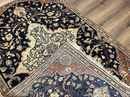 Antique Persian Rug 3.5 x 5, Sarouk Farahan Rug, High Quality 1920s Fine Oriental Carpet 3 x 5 ft, Large Medallion, Floral, Navy Blue Red, Hand Knotted Wool Rug