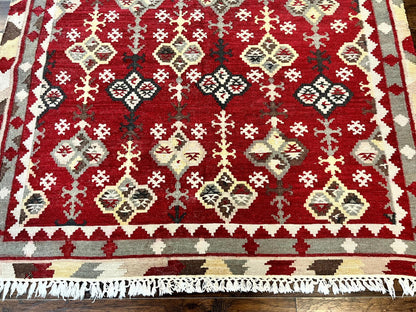 Indian Kilim Rug 6x6, Square Kilim Flatweave Carpet, Vintage Handmade Wool Rug, Red - Nuvé