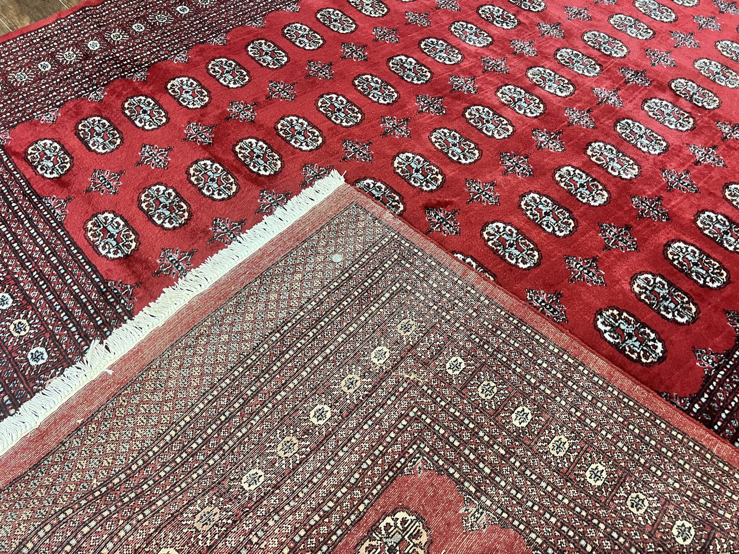 Turkoman Rug 8 x 11.6, Red Bokhara Pakistani Carpet, Wool Handmade Vintage Rug - Nuvé