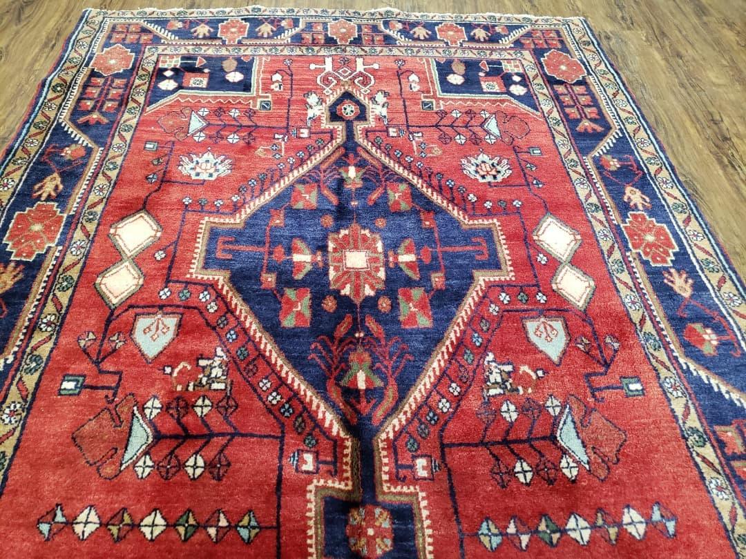 Antique Persian Zanjan Nahavand Heriz Rug, Red & Blue, Hand-Knotted, 5' x 9' 7" - Nuvé