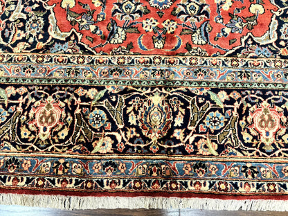Red Persian Kashan Rug 10x14, Hand-Knotted Semi Antique Floral Medallion Handmade Wool Carpet, Red & Navy Blue - Nuvé