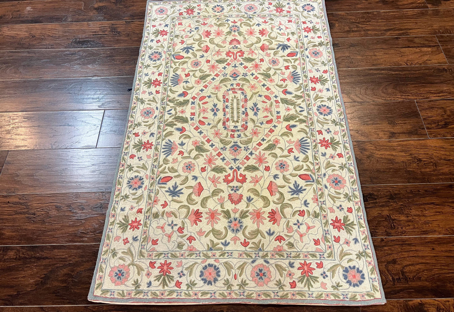 Hand Stitched Indian Rug 4x5, Floral, Vintage Hand Embroidered Rug - Nuvé