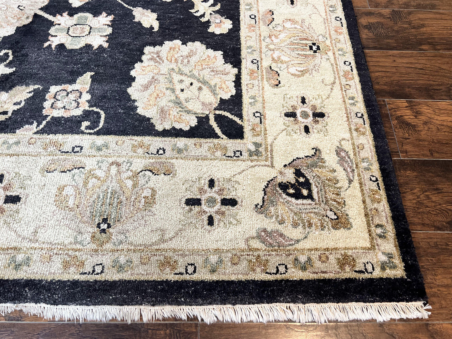 Indo Mahal Rug 8x10, Black and Beige, Vintage Rug 8 x 10 ft, Floral, Handmade Wool Carpet - Nuvé