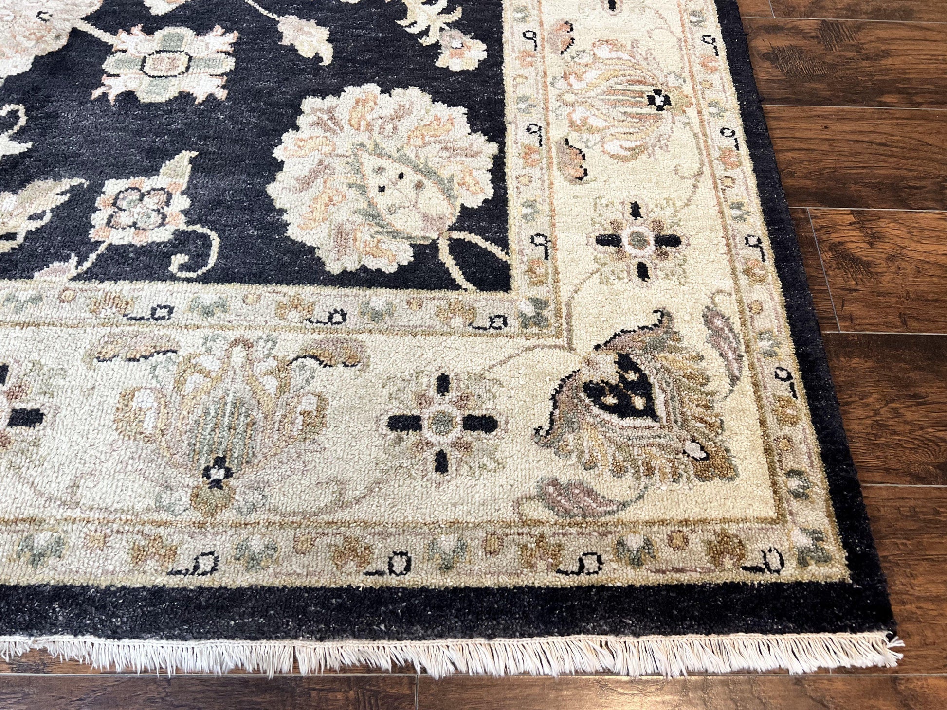 Indo Mahal Rug 8x10, Black and Beige, Vintage Rug 8 x 10 ft, Floral, Handmade Wool Carpet - Nuvé