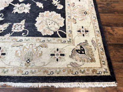 Indo Mahal Rug 8x10, Black and Beige, Vintage Rug 8 x 10 ft, Floral, Handmade Wool Carpet
