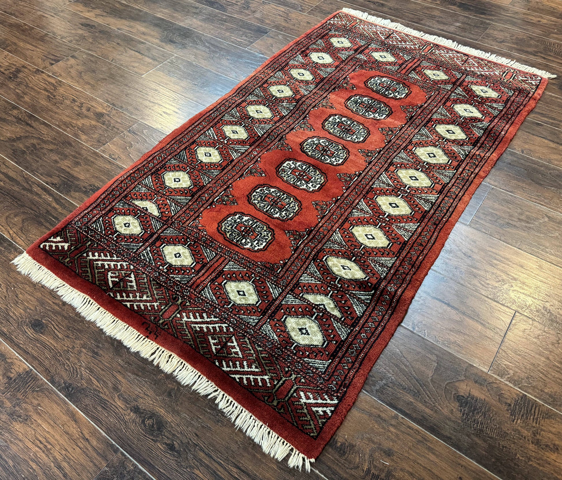 Red Pakistani Turkoman Rug 3x5, Bokhara Design, Vintage, Signed - Nuvé