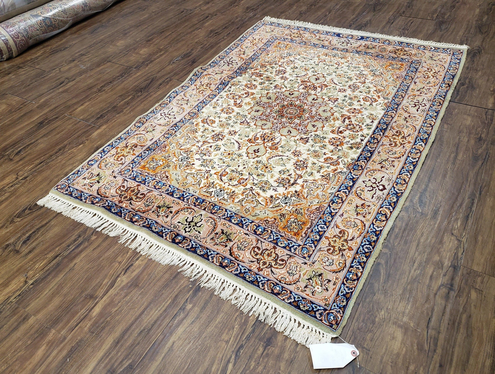 Vintage Persian Isfahan Lachak Toranj Rug, Highly Detailed, Kork Wool on Silk Foundation, Beige and Dark Blue, Hand-Knotted, 3'6" x 5' 4" - Nuvé