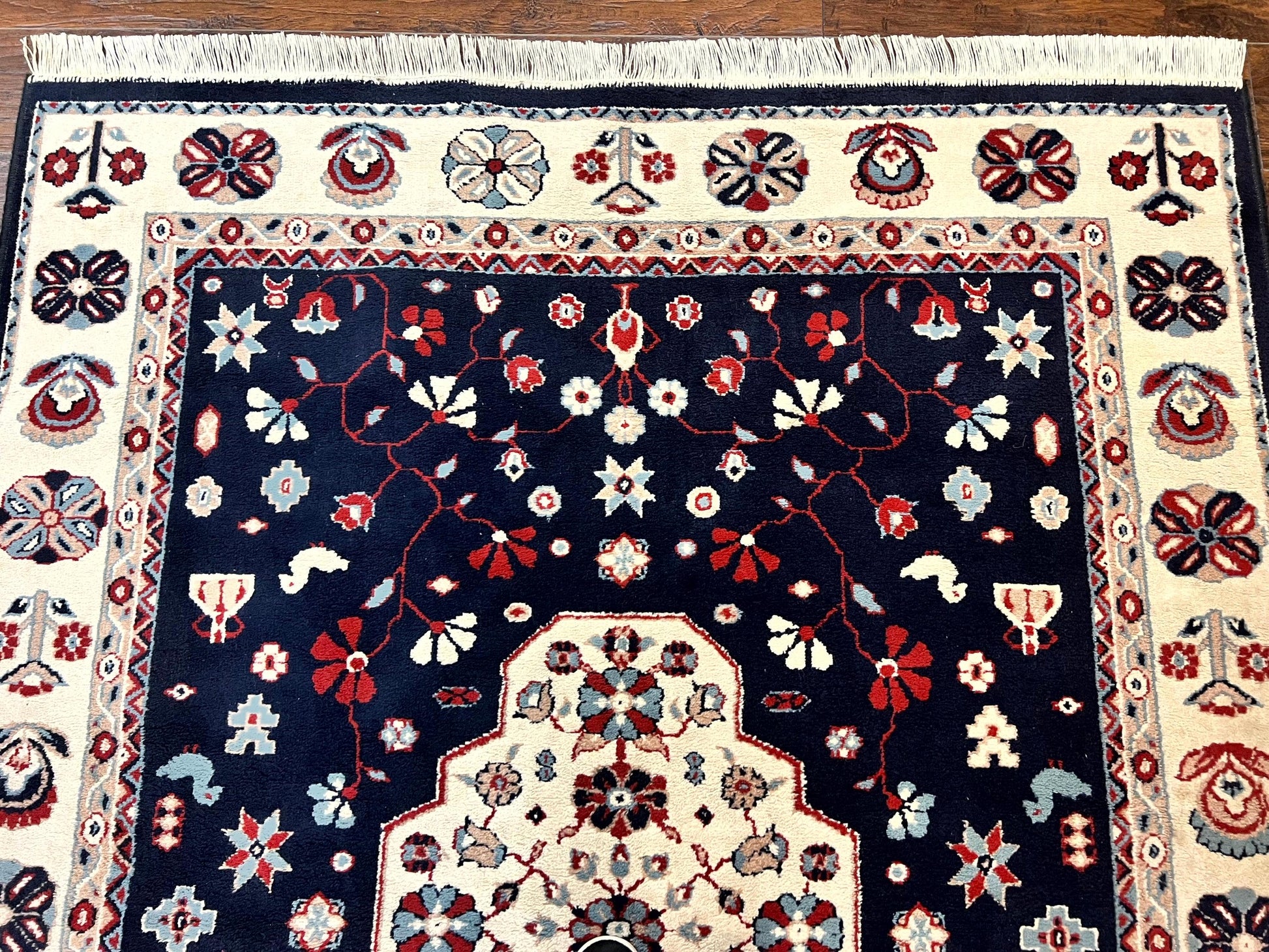 Belgium Power Loomed Rug 5.6 x 7, Navy Blue and Ivory, Heriz Pattern, Vintage Oriental Carpet - Nuvé