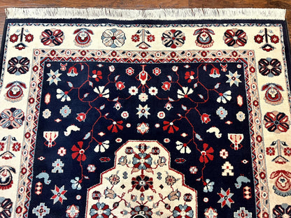 Belgium Power Loomed Rug 5.6 x 7, Navy Blue and Ivory, Heriz Pattern, Vintage Oriental Carpet - Nuvé