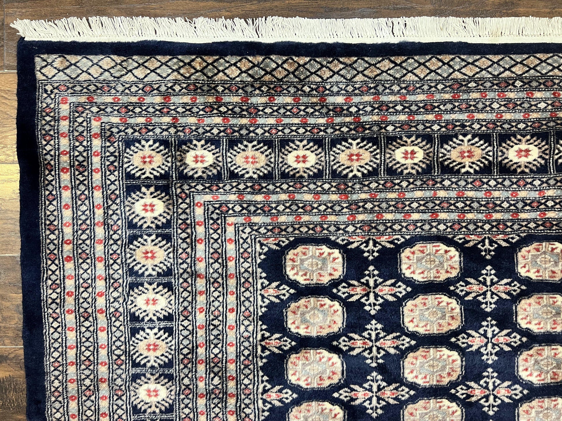 Pakistani Bokhara Rug 8x10, Turkoman Carpet, Dark Blue and Beige, Vintage Handmade Wool Carpet - Nuvé