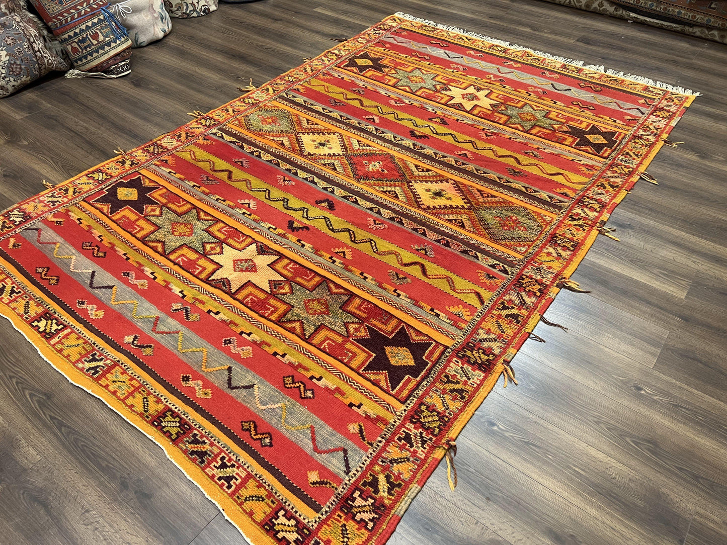 Unique Moroccan Rug 7x10, Room Sized Carpet, Red Orange Gray, Wool Oriental Striped Geometric Tribal Boho Rug, Flatweave with Raised Pile - Nuvé