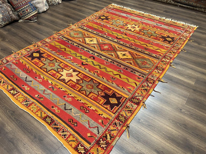 Unique Moroccan Rug 7x10, Room Sized Carpet, Red Orange Gray, Wool Oriental Striped Geometric Tribal Boho Rug, Flatweave with Raised Pile - Nuvé