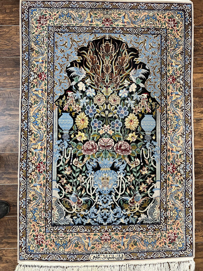 Wonderful Persian Isfahan Rug 3.7 x 5, Kork Wool on Silk Foundation, Very Fine 460 KPSI, Tree of Life Persian Vase Design Animal Pictorials Peacocks - Nuvé