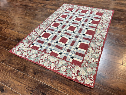 Indian Hand Stitched Rug 4x6, Vintage Carpet, Checkerboard Floral Pattern, Maroon Ivory, Flatweave, Wool - Nuvé